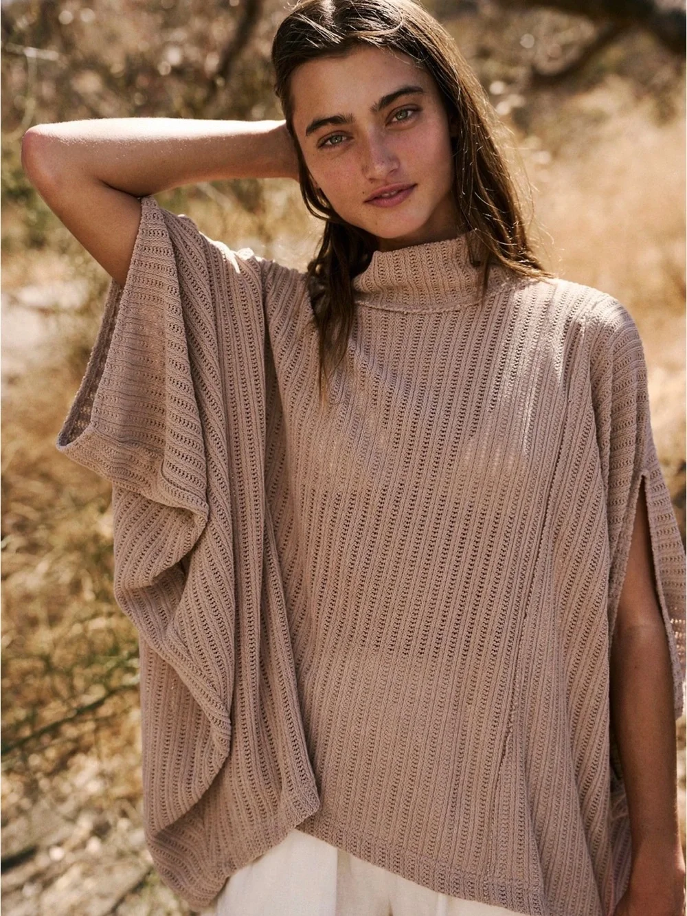 Free People Taupe Open-Sleeve Knit Poncho